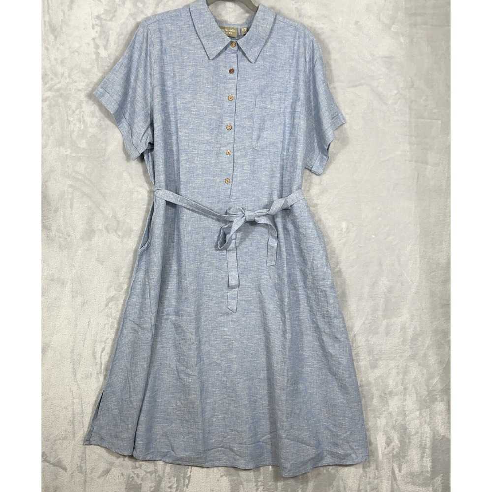 Naturals D&Co Womens Blue Linen Blend Midi Dress Pockets Button Modest Coastal